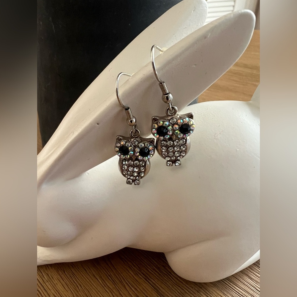 rhinestone owl earings